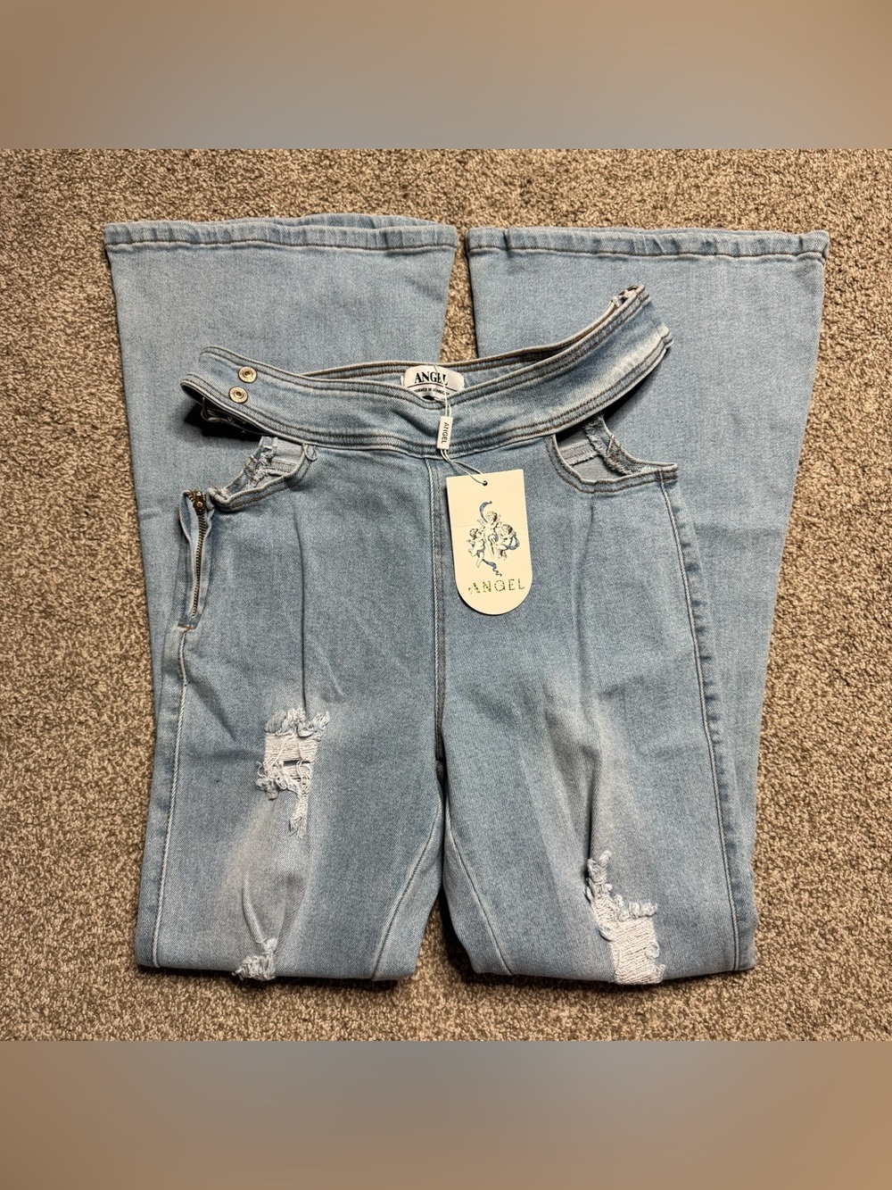 Angel Light Blue High Waist Flare Jeans with Ripped Details